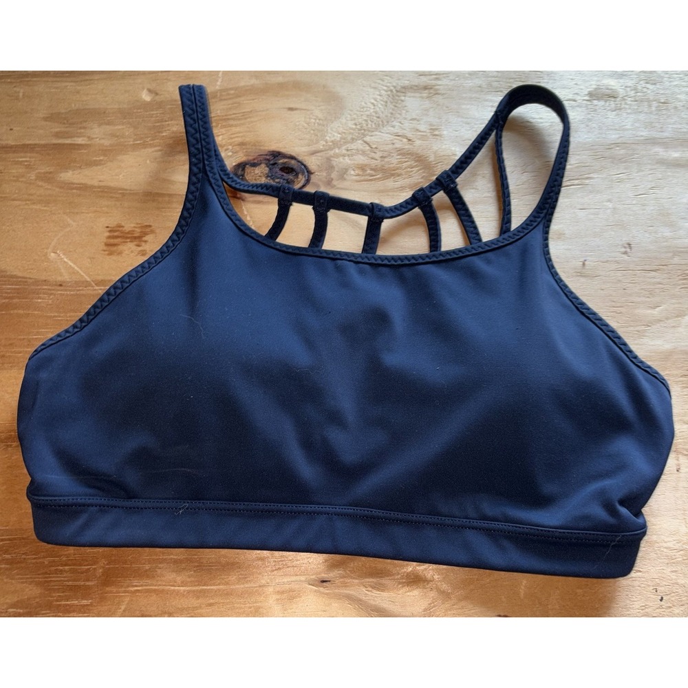 Athleta Womens Medium High Neck Strappy Caged Back Sports Bra Navy Blue  Padded